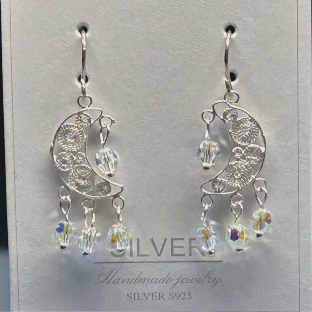 Sterling Silver Filigree Crescent Moon Earring made with Austrian Crystal Beads